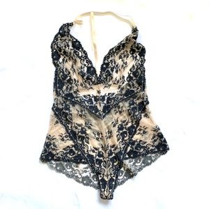 Free People Black and Cream Lace Bodysuit (NWT)